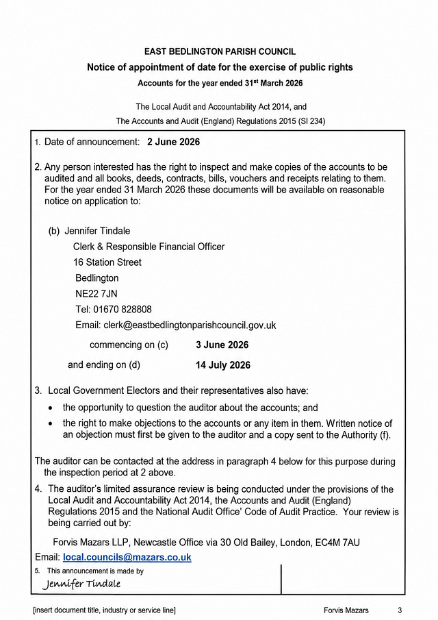Formal notice from East Bedlington Parish Council detailing the dates (3 June to 14 July 2026) and contact information for the public to inspect their 2026 financial accounts.